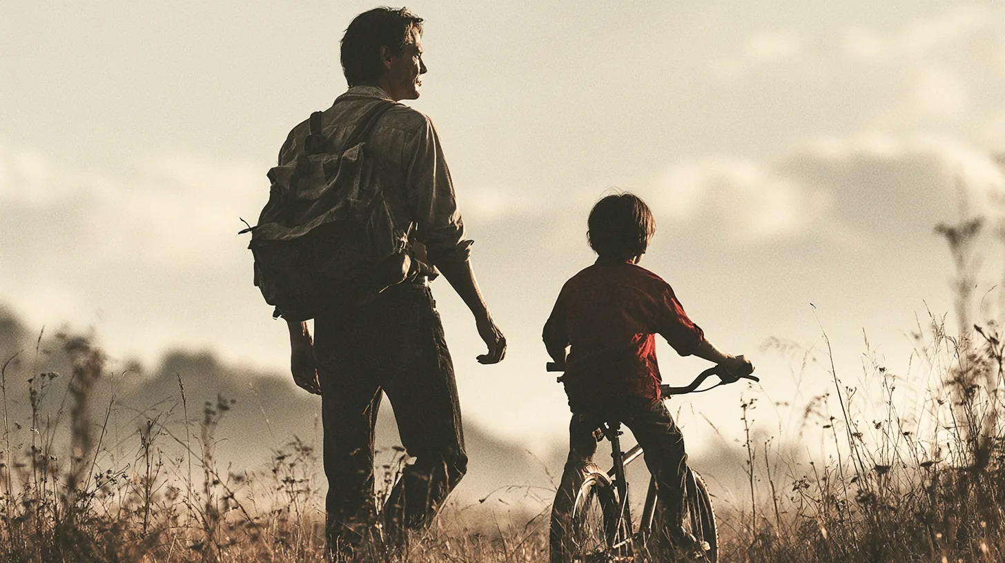 A father and son walking together with calm purpose
