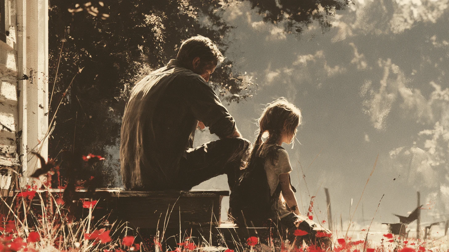 A father and daughter sitting together outside in warm sunlight