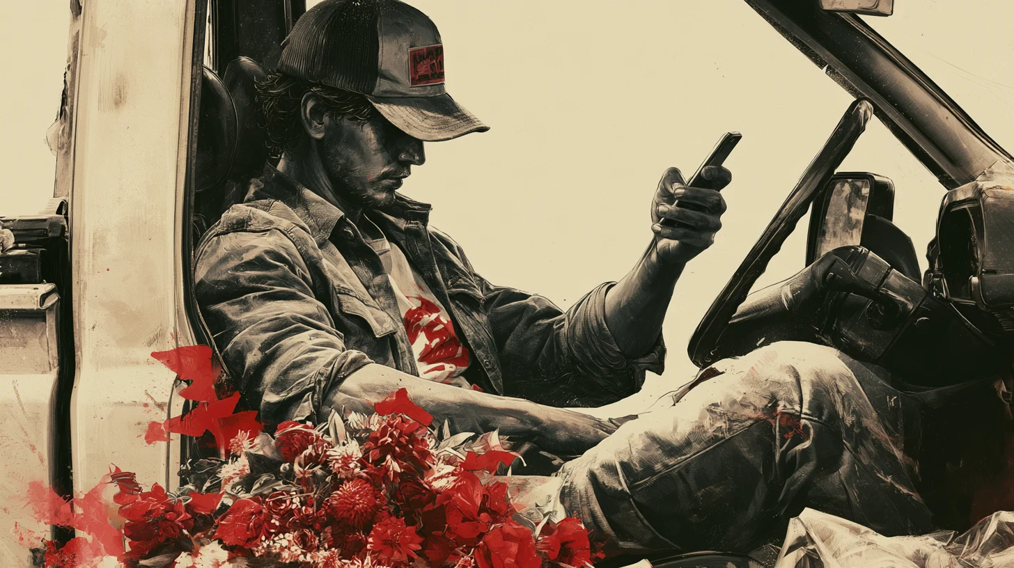 A man sitting in a work vehicle checking his phone