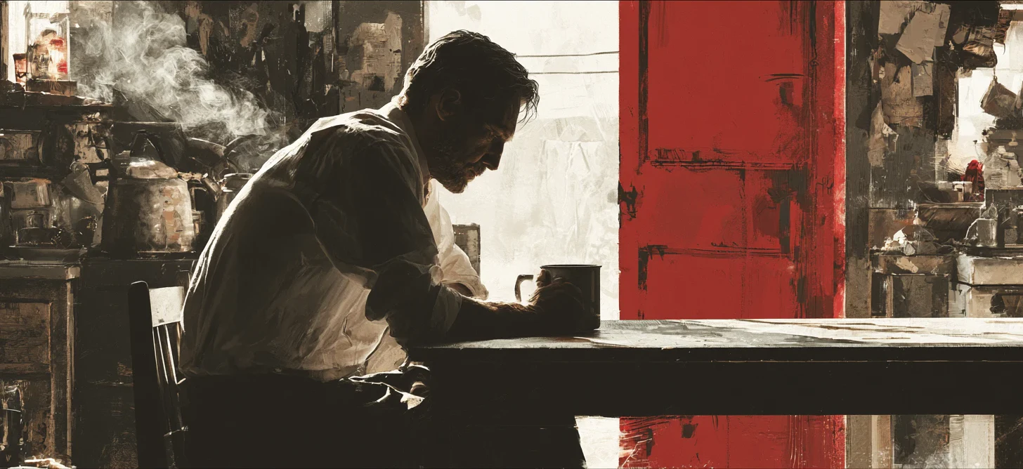 A man sitting alone at a table beside a red door