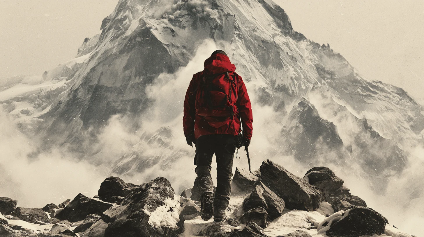A man in a red coat walking toward a mountain peak