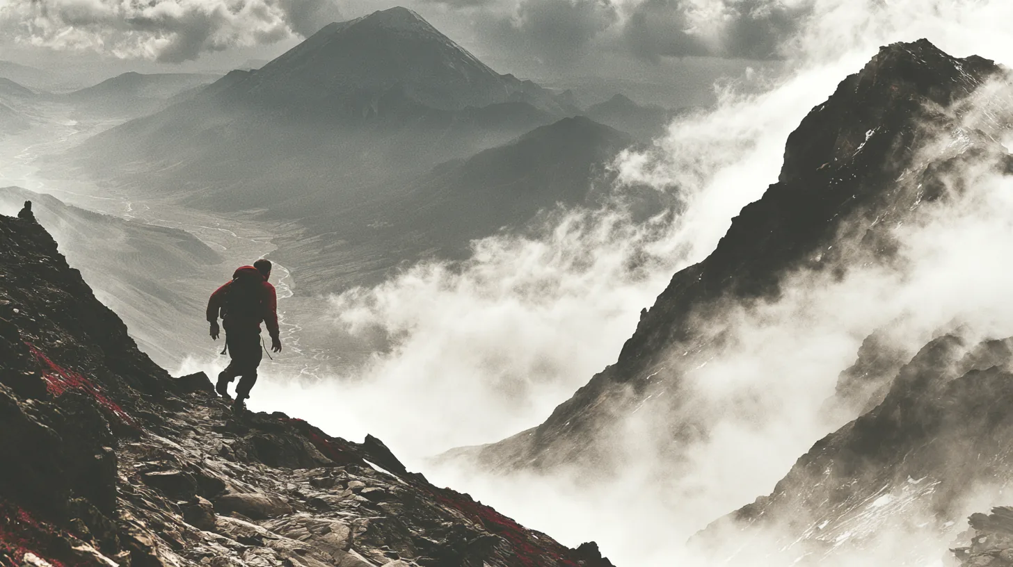 A man continuing up a steep mountain ridge