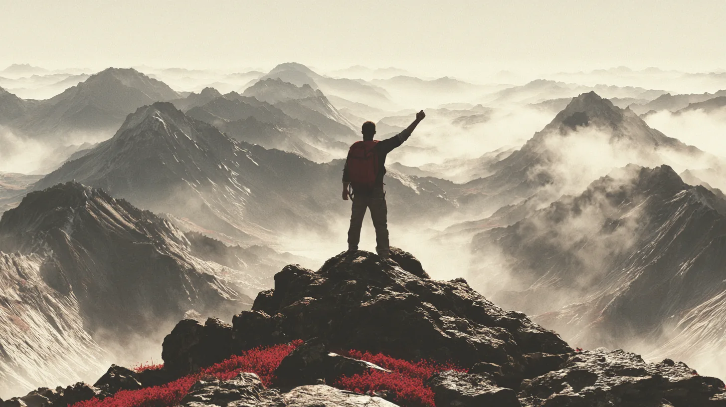 A man standing on a mountain ridge after a difficult climb