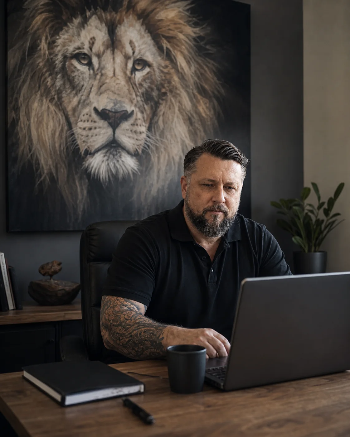 Leon Sheed working at his computer beneath a large lion portrait in his coaching office